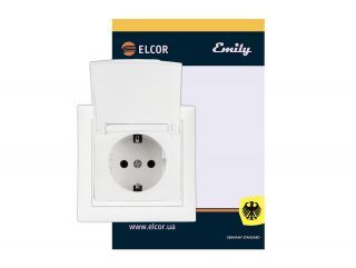 Розетка з заземленням з захисними шторками з кришкою Emily 9215 білий ELCOR
