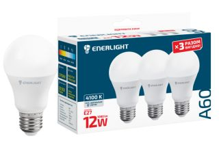Лампа світлодіонда ENERLIGHT A60 12ВТ 4100K E27, 3 ШТ.