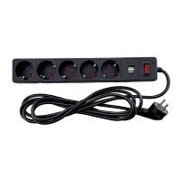 Мережевий фільтр із заземленням 5 гнізд + 2USB, 3 м, чорний, захисні шторки