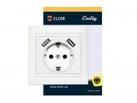 Розетка с заземлением внутрення с 2 USB Emily 9215 белый ELCOR (211594)